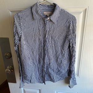 Philosophy Button Down Blouse Striped Collar Minimalist Coastal Blue